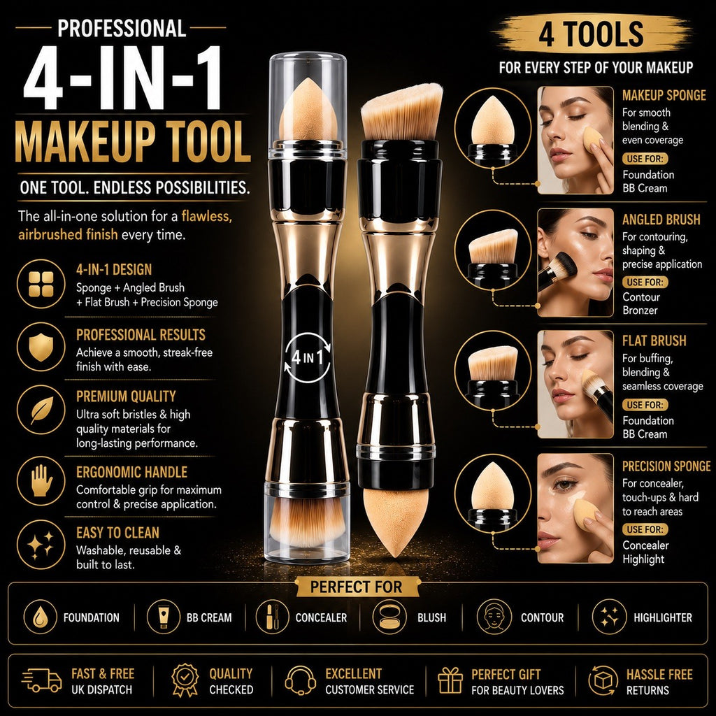 4 In 1 Foundation Brush & Makeup Sponge Dual Ended Cosmetic Blending Tool UK