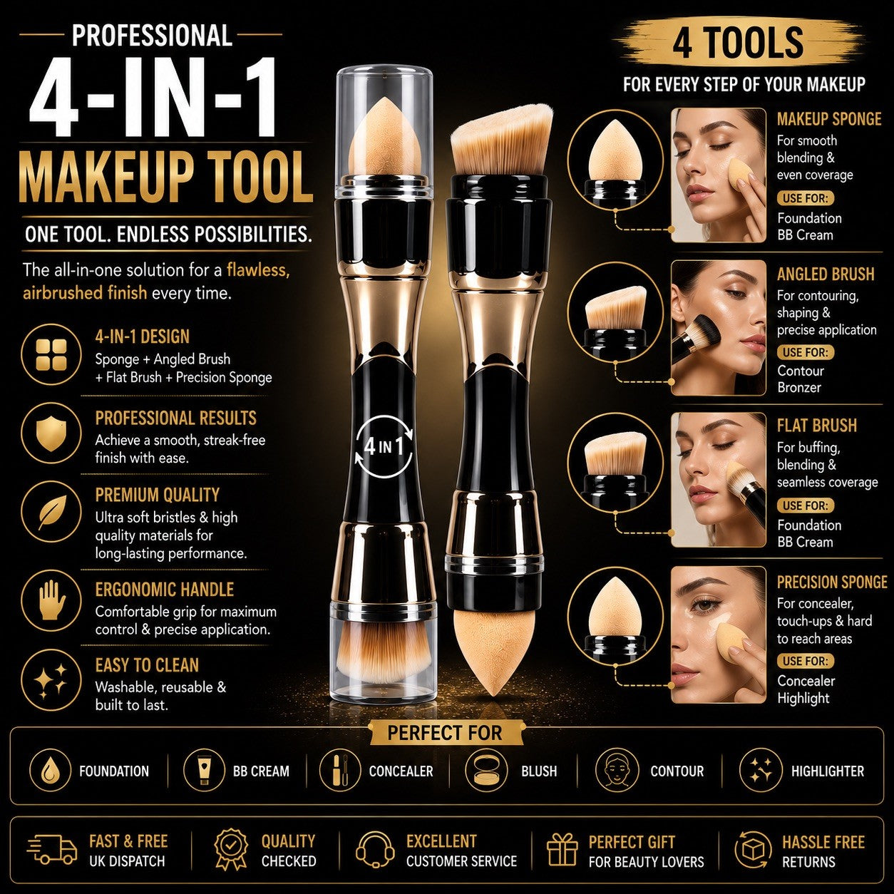 4 In 1 Foundation Brush & Makeup Sponge Dual Ended Cosmetic Blending Tool UK