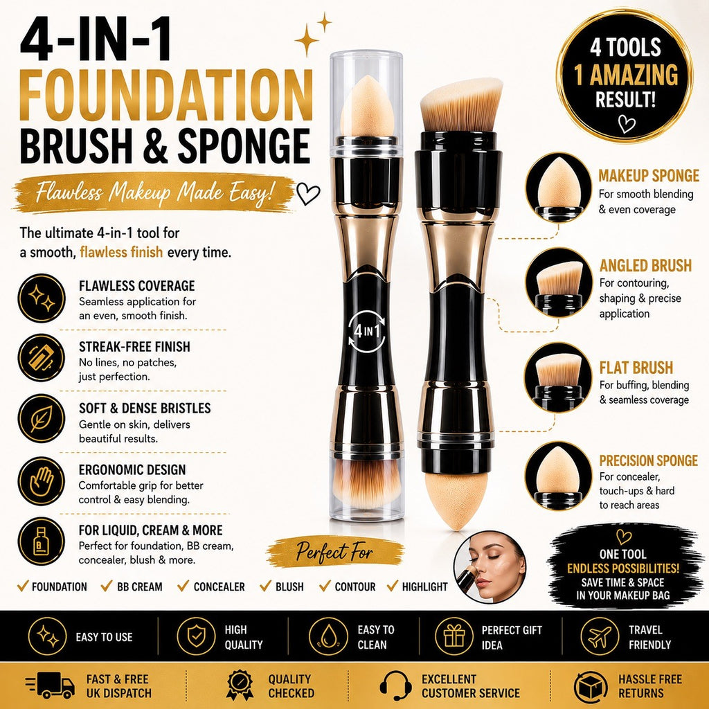 4 In 1 Foundation Brush & Makeup Sponge Dual Ended Cosmetic Blending Tool UK