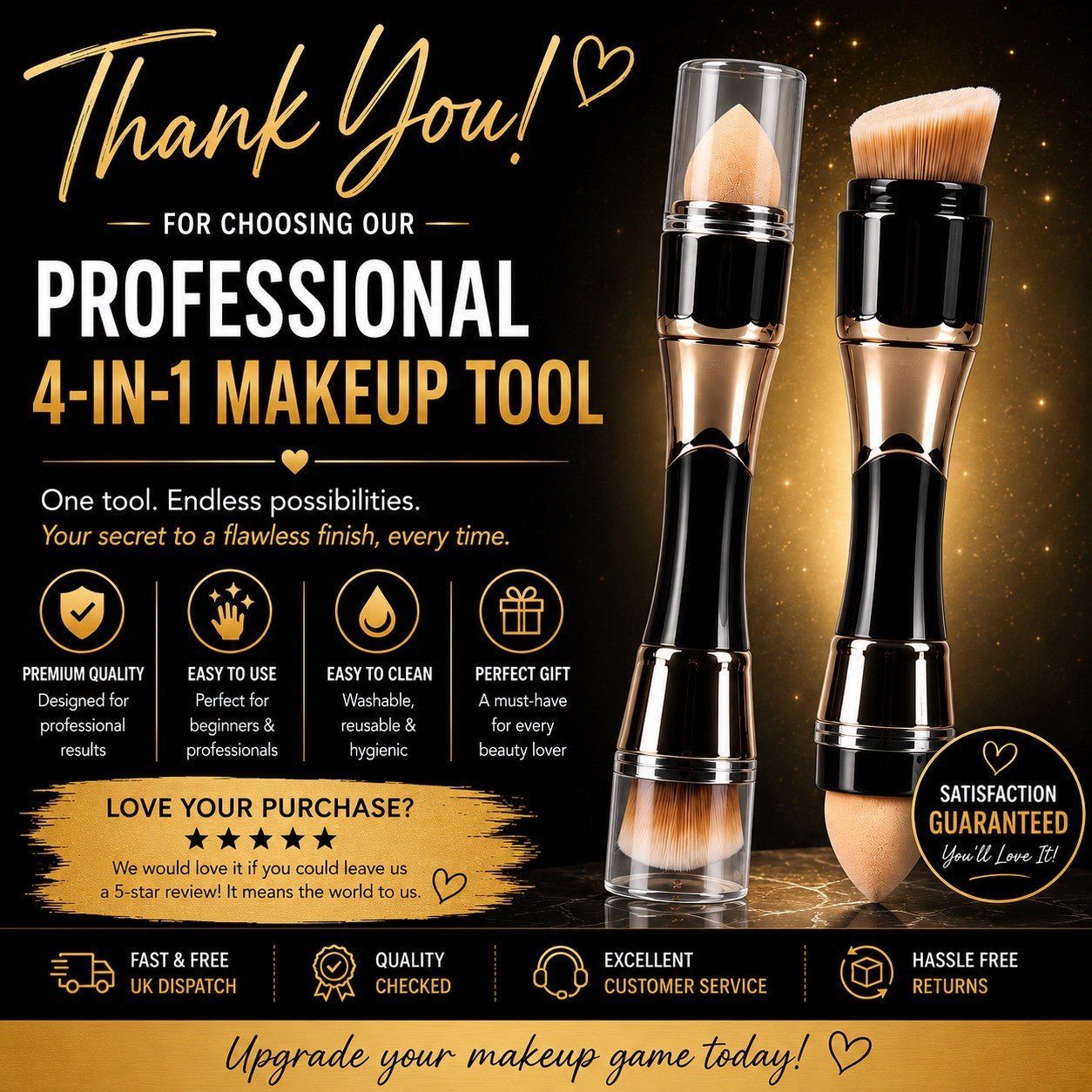 4 In 1 Foundation Brush & Makeup Sponge Dual Ended Cosmetic Blending Tool UK