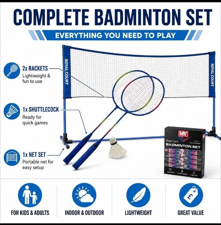 Royal Court Badminton Set Net 2 Rackets Shuttlecock Garden Outdoor Kids Adults
