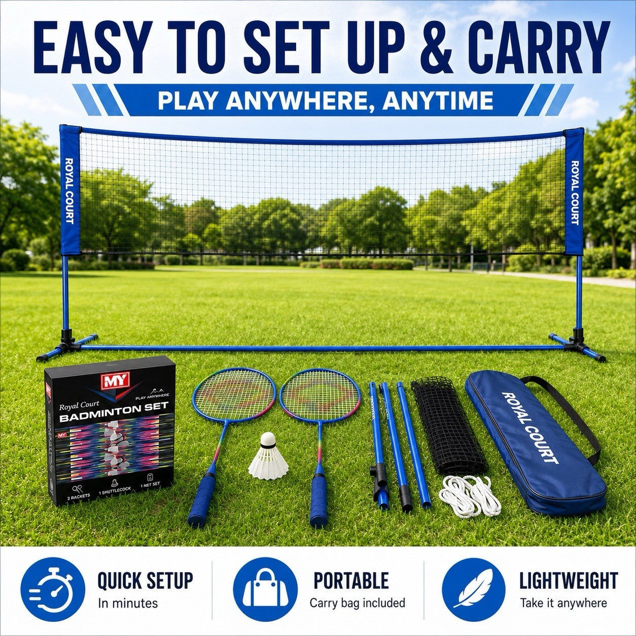 Royal Court Badminton Set Net 2 Rackets Shuttlecock Garden Outdoor Kids Adults