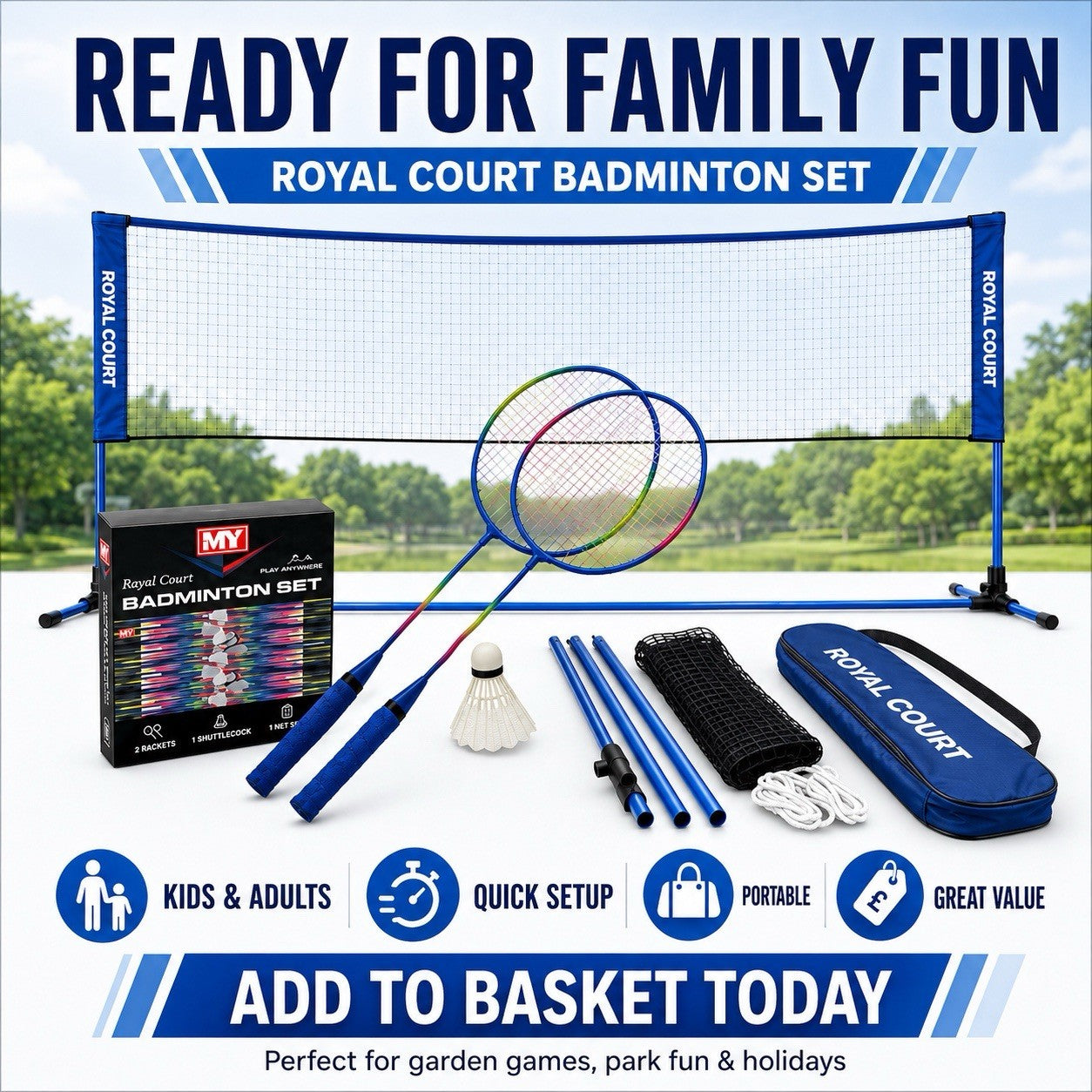Royal Court Badminton Set Net 2 Rackets Shuttlecock Garden Outdoor Kids Adults