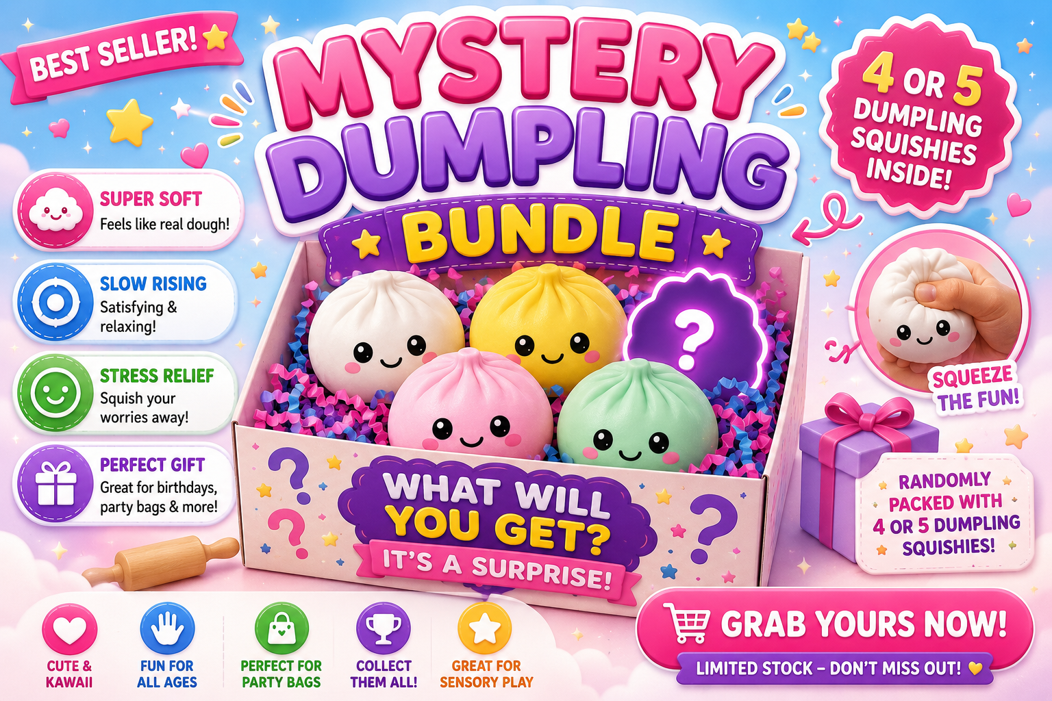 Mystery Dumpling Squishy Bundle – 4 or 5 Surprise Squishies