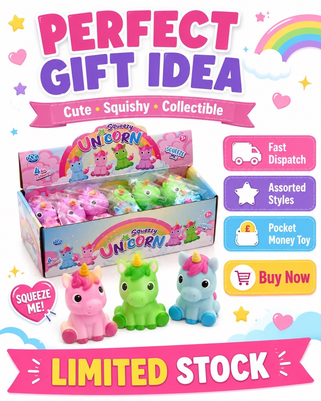 Squeeze Unicorn  11 x 6cm Assorted Colours For Kids Viral Toy OUT NOW