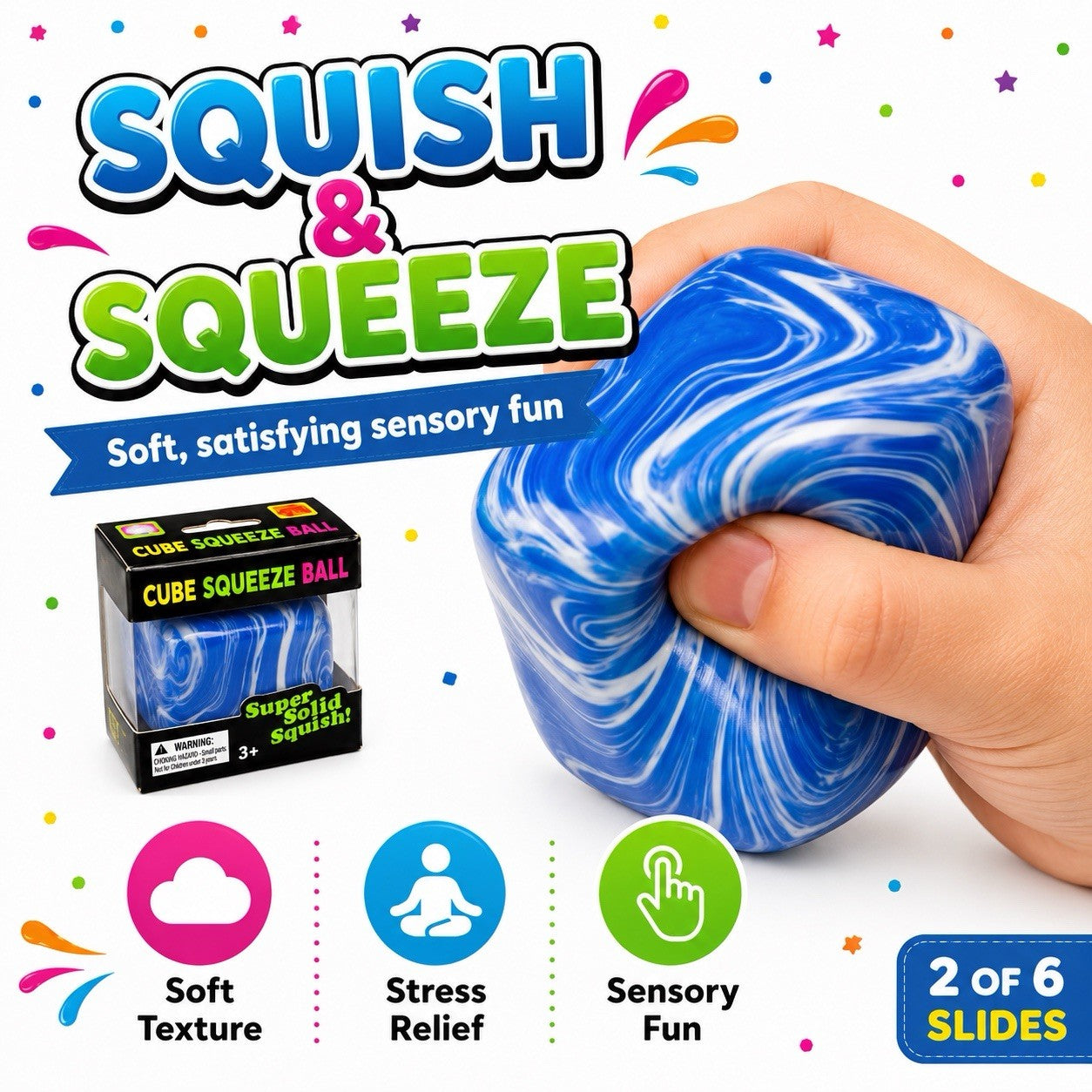 Marble Cube Squishy Toy Boxed Kids Fidget Sensory Stress Relief Gift 3+