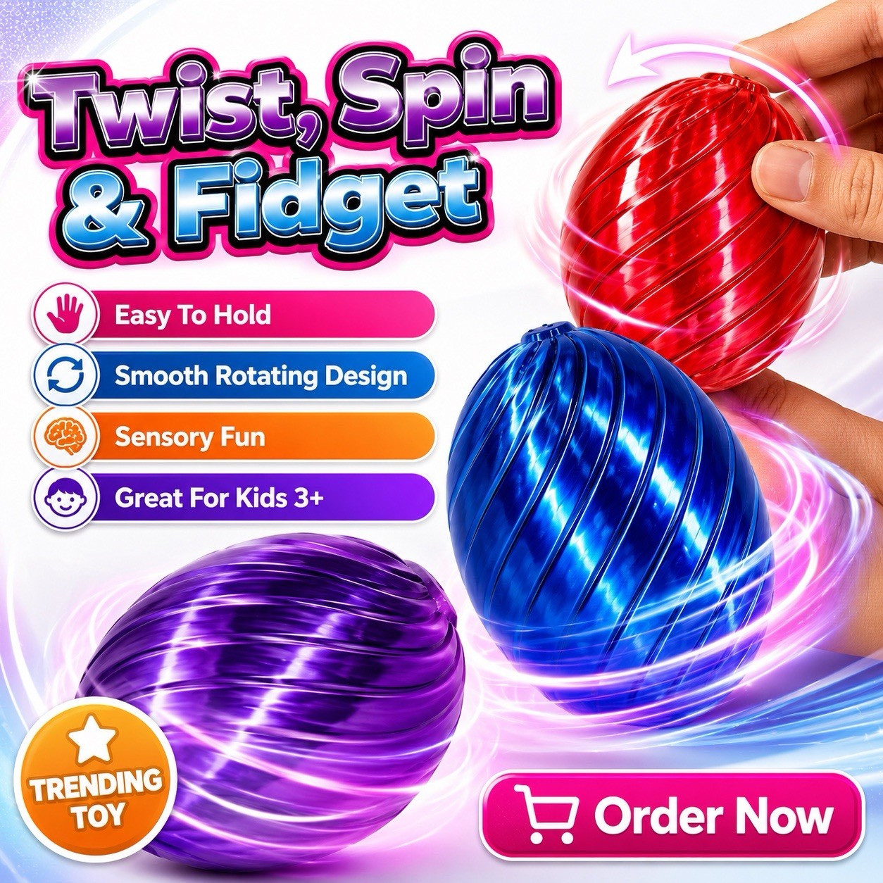 3D Rotating Egg Fidget Toy Twist Sensory Spinner Assorted Colours Kids Gift