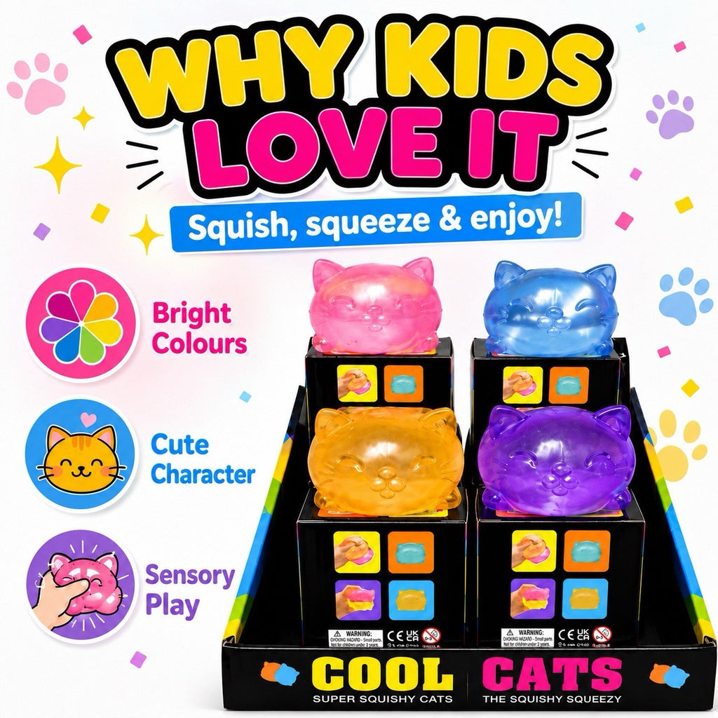 Cool Cat Squishy Toy In Box Kids Fidget Sensory Stress Relief Gift 3+ Age New