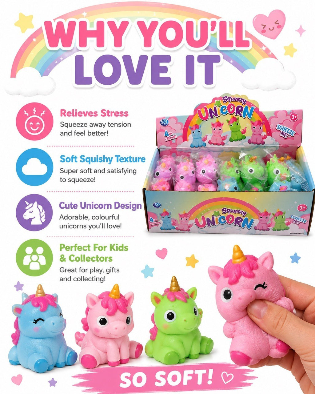 Squeeze Unicorn  11 x 6cm Assorted Colours For Kids Viral Toy OUT NOW