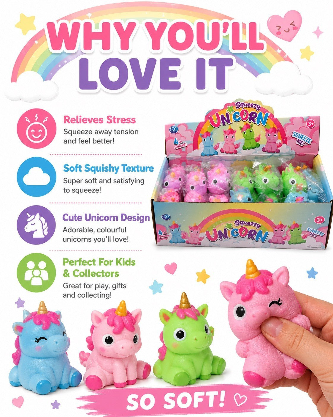 Squeeze Unicorn  11 x 6cm Assorted Colours For Kids Viral Toy OUT NOW
