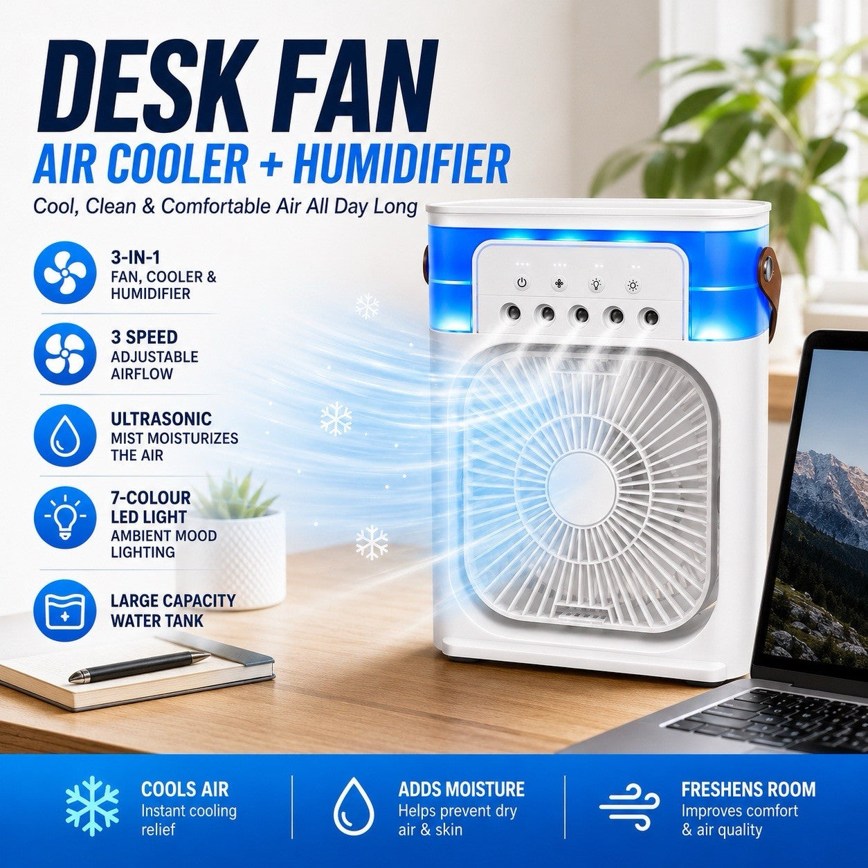 3-in-1 Portable Air Cooler Fan Evaporative Ice Cooling Air Conditer Humidifier