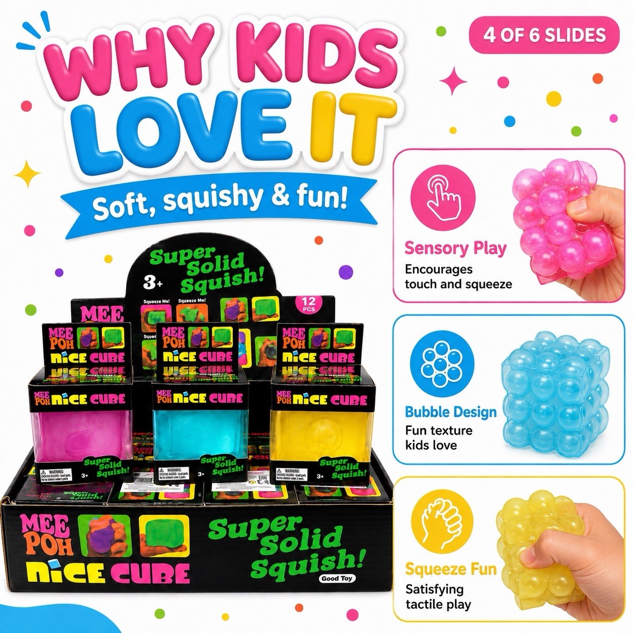 Bubble Cube Squishy Toy Boxed Kids Fidget Sensory Stress Relief Gift 3+